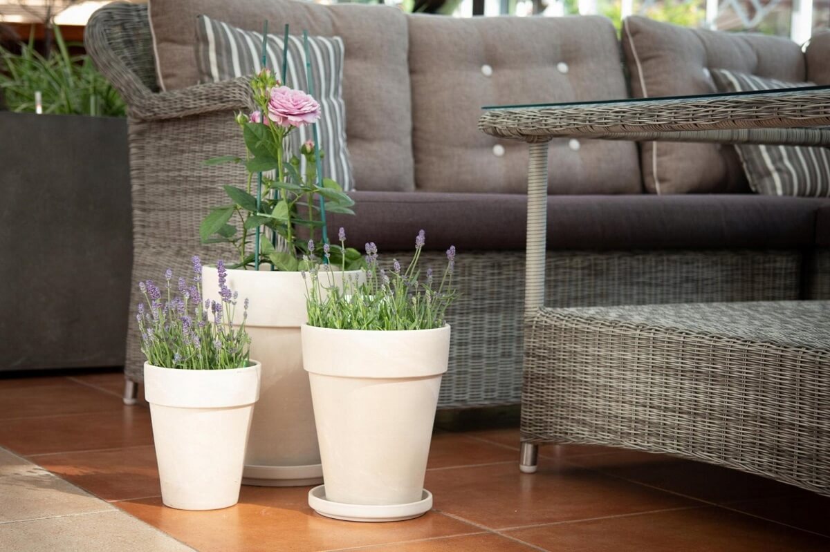 Kwiaty w donicach na tarasie